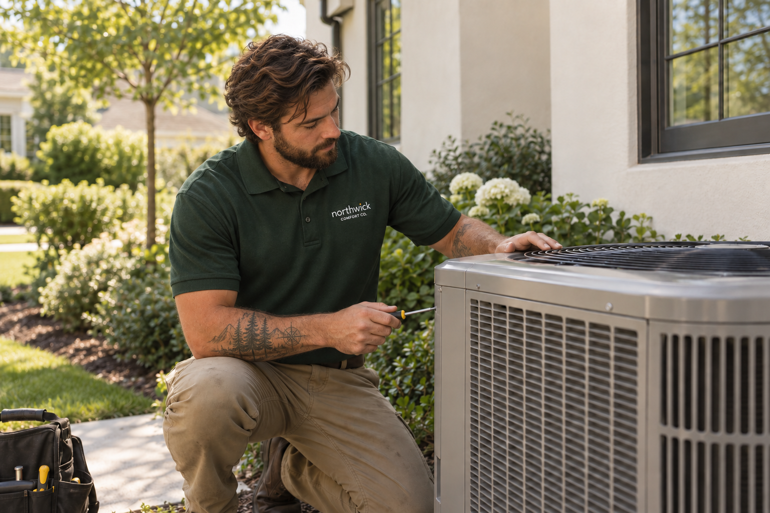 Generated concept image of a technician wearing a Northwick polo, working beside an outdoor air conditioning condenser